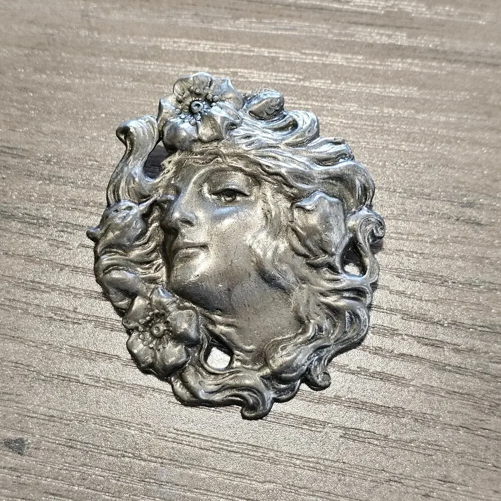 Vintage Art Nouveau Silver Woman Profile Figural Brooch